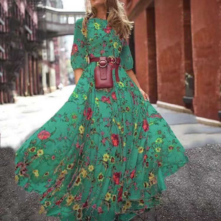 Floral Long Dress European and American Style French Commuter Vintage A Line Round Neck Floral Dress