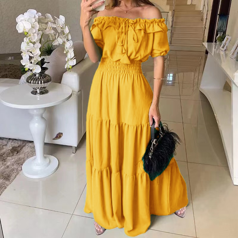 European Market Elegant Solid Color Strapless Ruffled Puff Sleeve Maxi Dress — Fashionable, Trendy, Comfortable — Casual, Part
