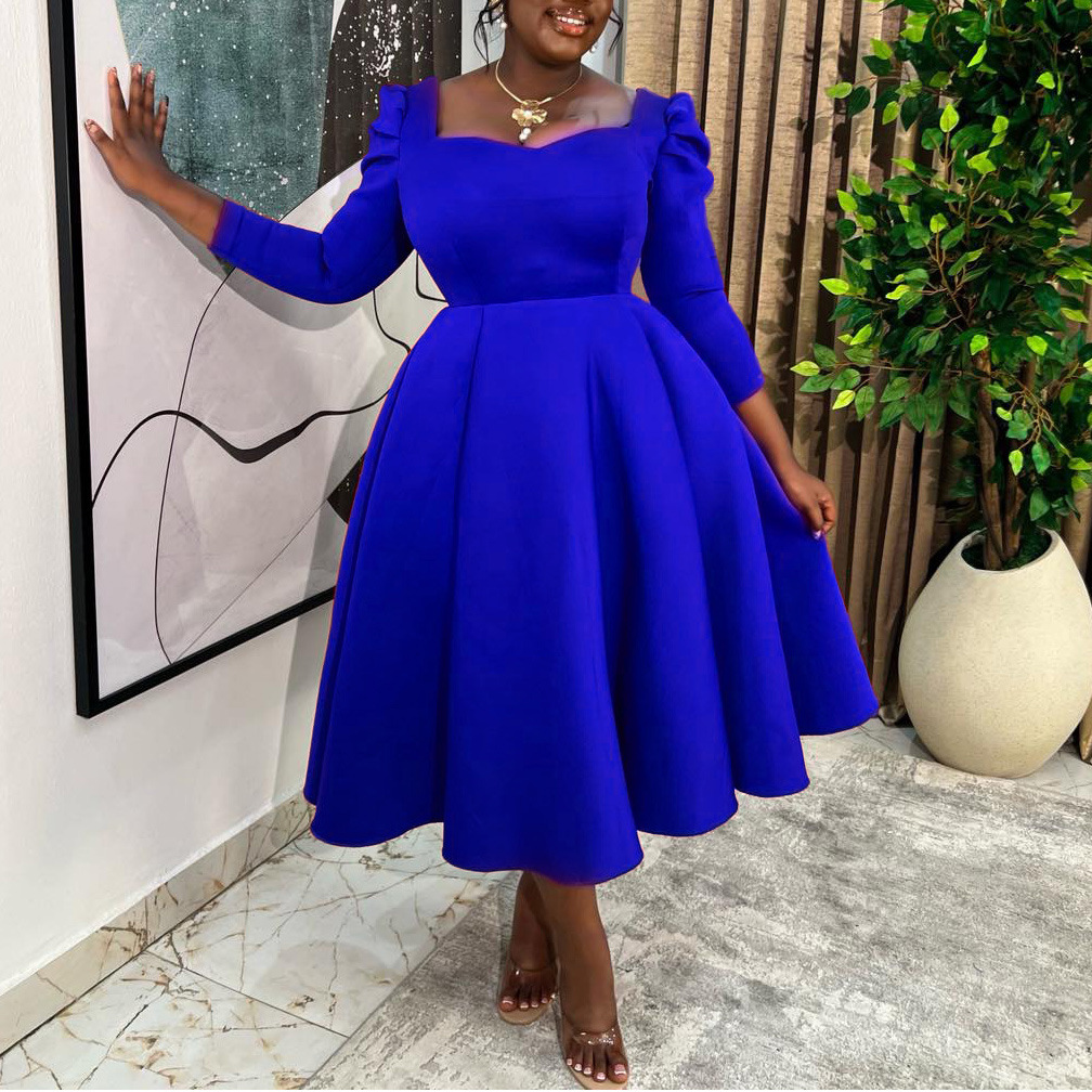 D3354 Autumn Winter New Women's Fashion Solid Color Square Neck High Waist Big Skirt Dress African Dress