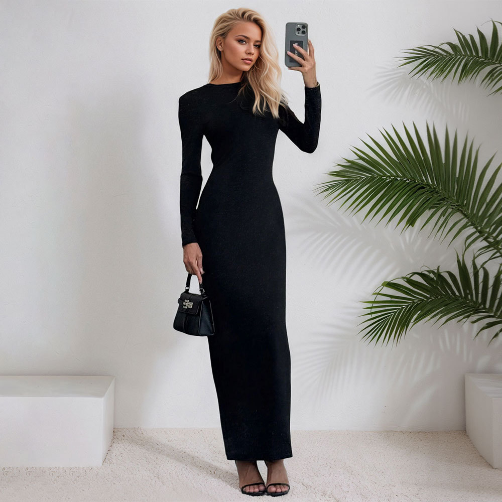 Cross border European and American style spring and autumn black cross metal buckle strap backless slim bodycon sexy dress