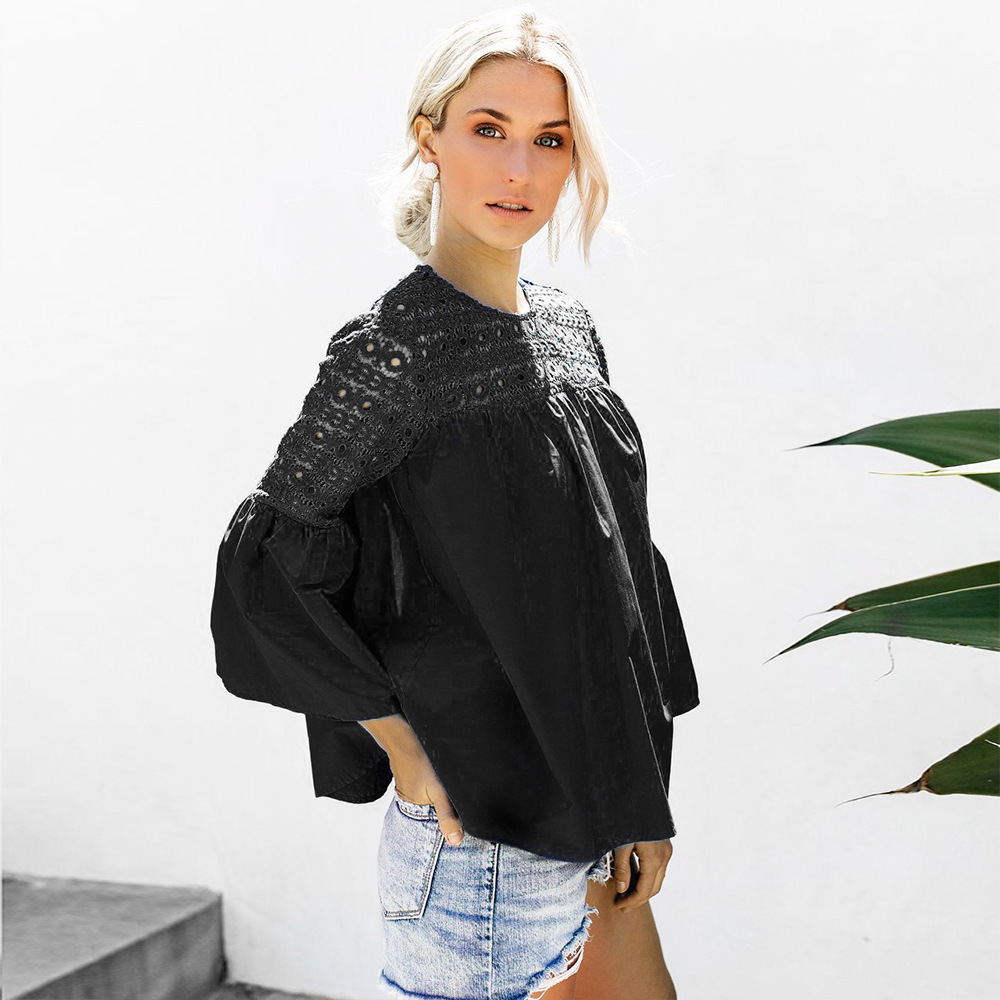 Lace Panel Hollow Out T Shirt Solid Color Spring Style Womens Casual Top Wholesale Available