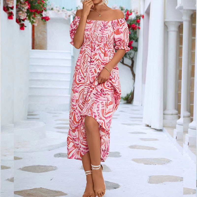 Summer New Sweet Style Strapless Off Shoulder Printed Short Sleeve Elastic Waist Mid Length Floral Dress