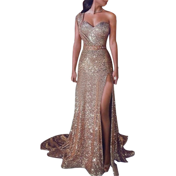 Elegant One Shoulder Sleeveless Dress Gold Foil Detail High Slit Long Length Perfect for Evening Events Wholesale