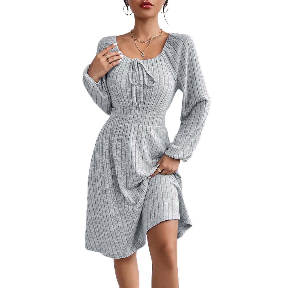 Womens Long Sleeve A Line Dress Square Neck Waist Tie Flared Hem Fall Winter Fashion Wholesale Available