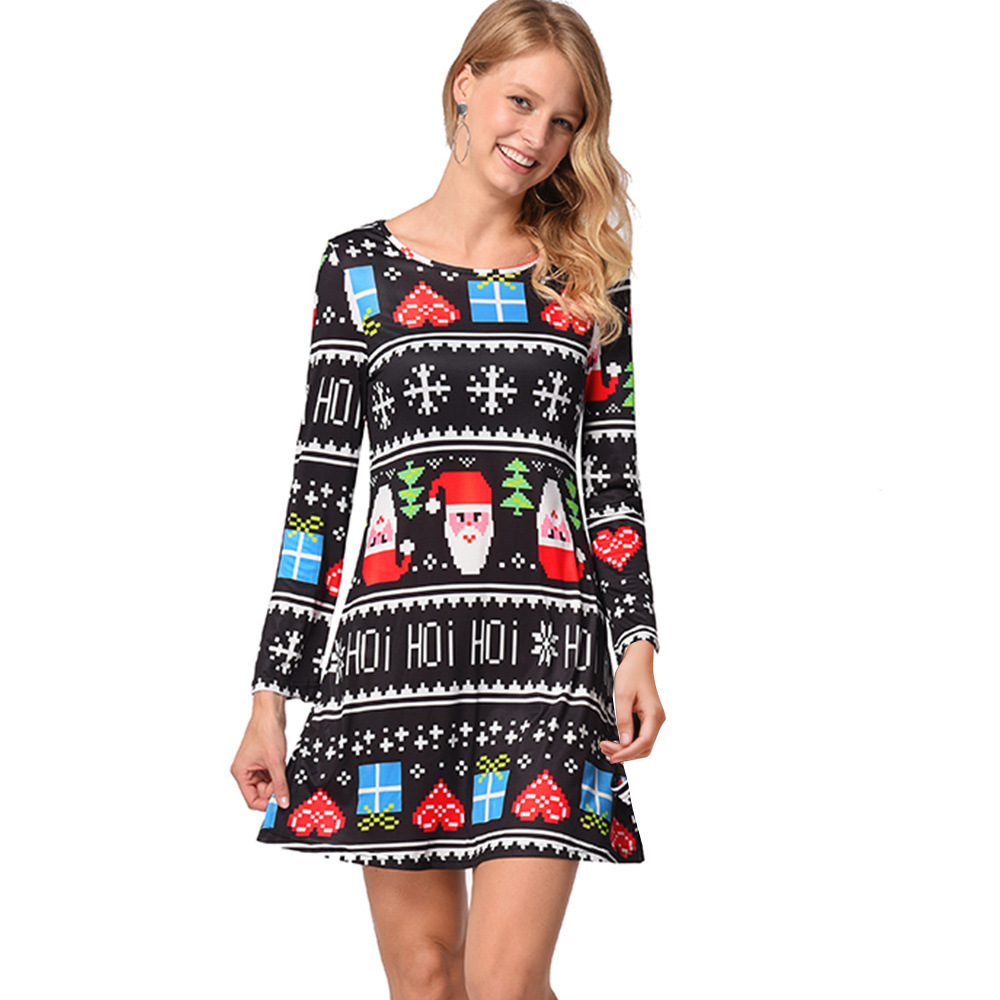 Long Sleeve Christmas Dress Floral Print Mid Waist Elegant Design Autumn Winter Fashion for Women Wholesale