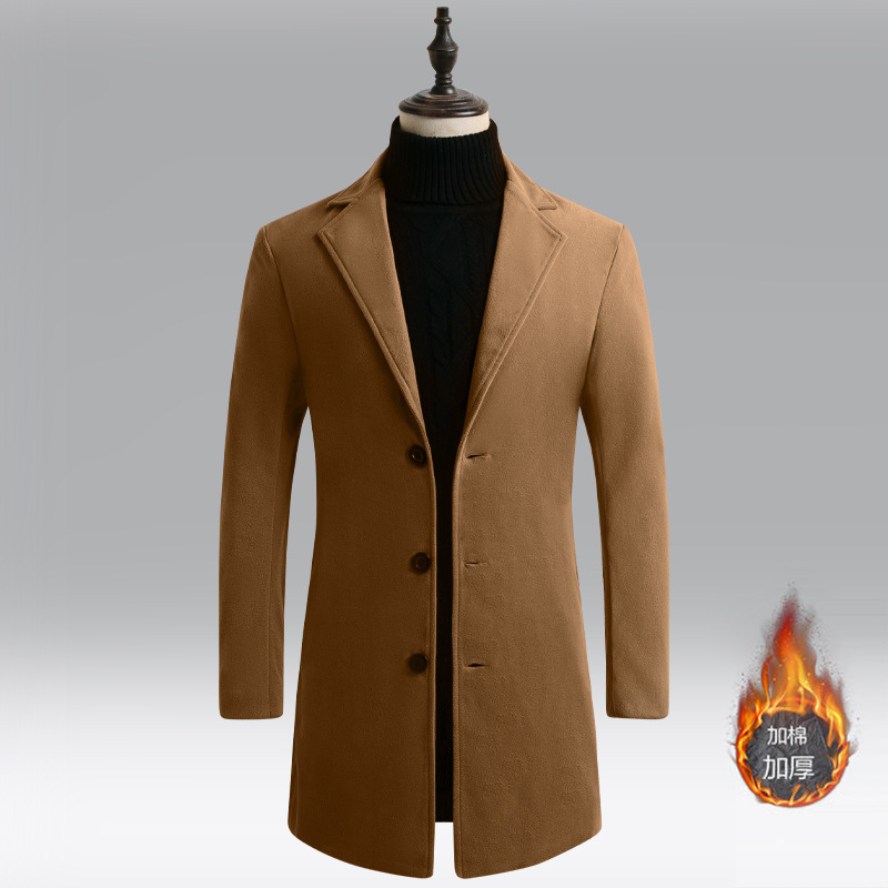 Men's Woolen Coat Autumn and Winter Korean Slim Fit Cotton Padded Mid Length Trench Coat