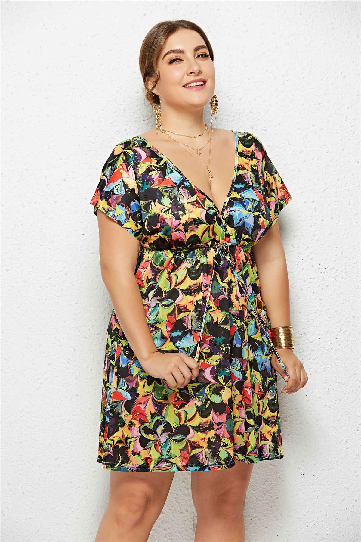 Plus Size V Neck Digital Print Dress Beachwear Vacation Style Comfortable Fit Wholesale Available