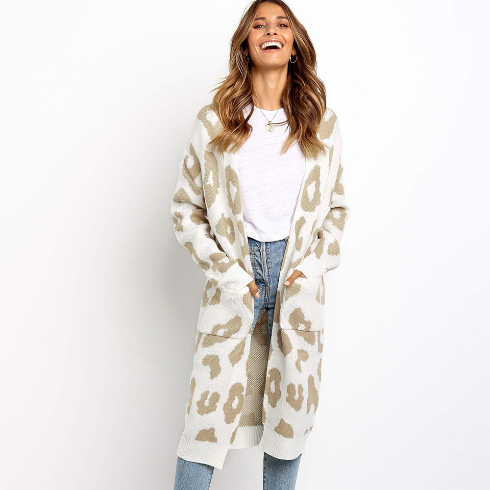 Long Sleeve Knitted Cardigan Mid Length Leopard Print Cozy Fabric Fall Winter Fashion for Women Wholesale Available