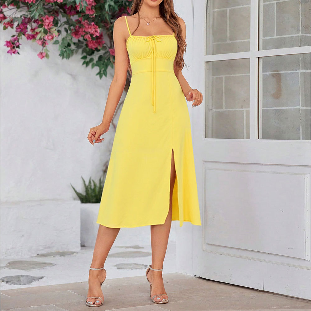 Summer New Sweet Sexy Dress High Waist Slit Strap Slim Long Dress