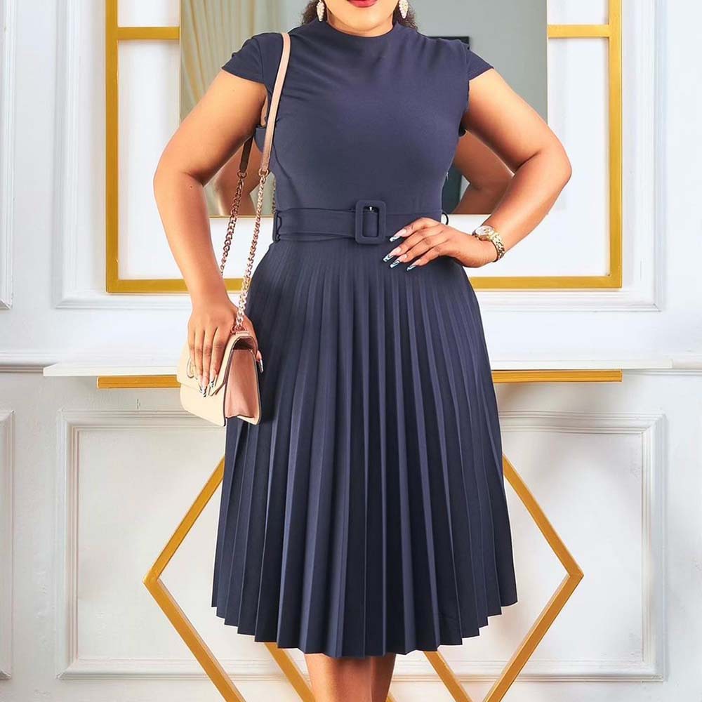 European Market Casual Dress — Short Sleeve, Solid Color, Stylish Tie Waist, Pleated Design, Slim Fit — Summer Wear — Wholesal