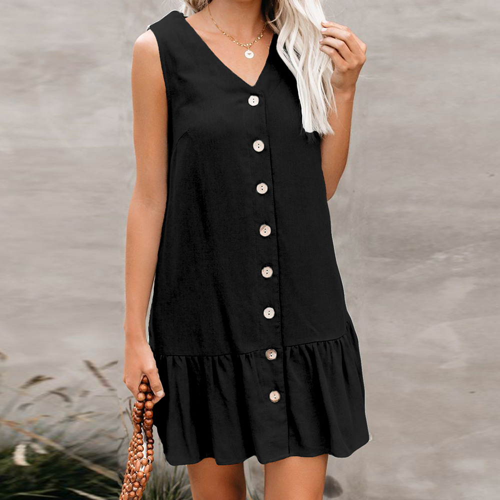 European Style V Neck Sleeveless Cardigan Dress Loose Fit Button Closure Summer Fashion Wholesale Available
