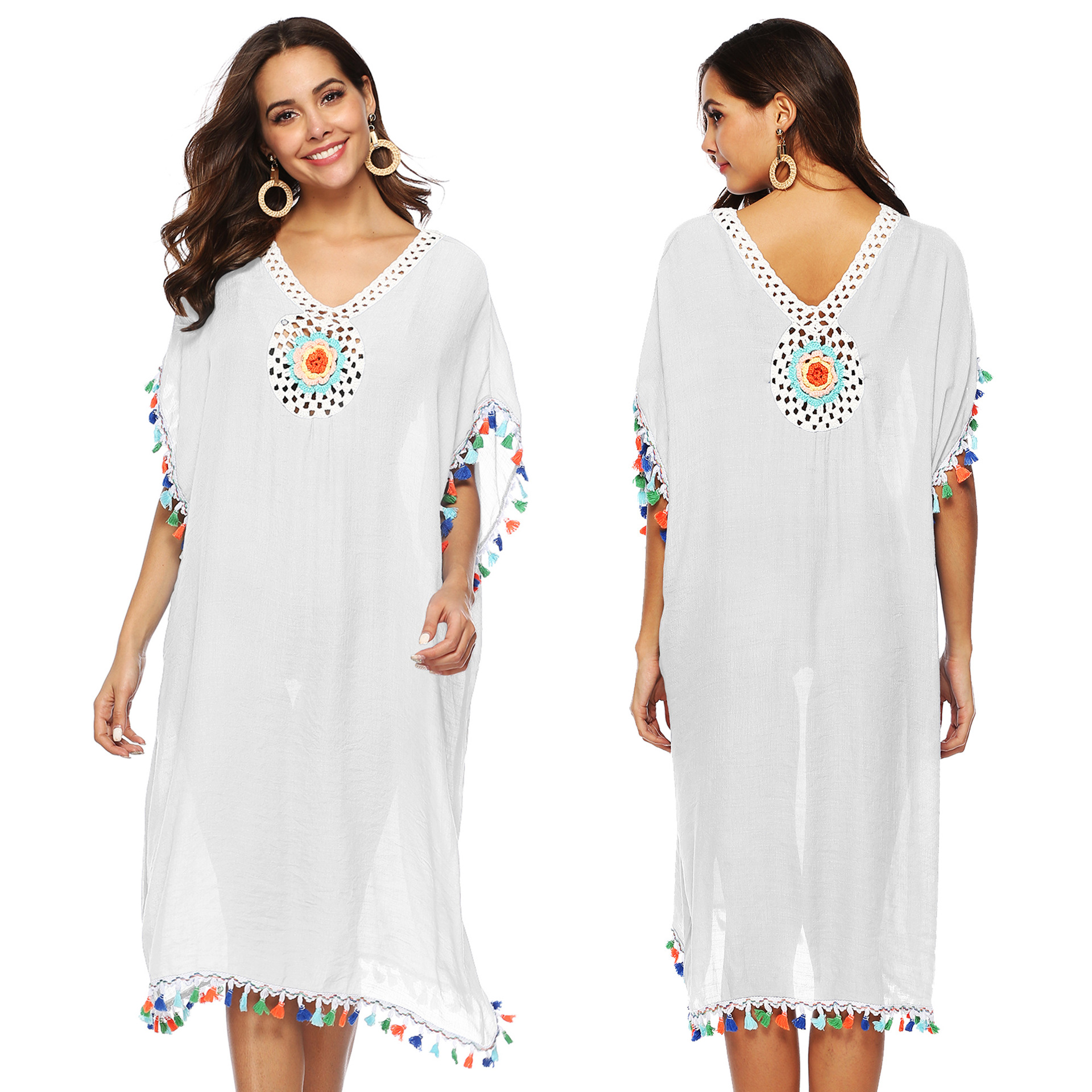 Colorful Tassel Beach Cover Up Dress Hand Crocheted Floral Patchwork Loose Fit Deep V Neck Wholesale Available