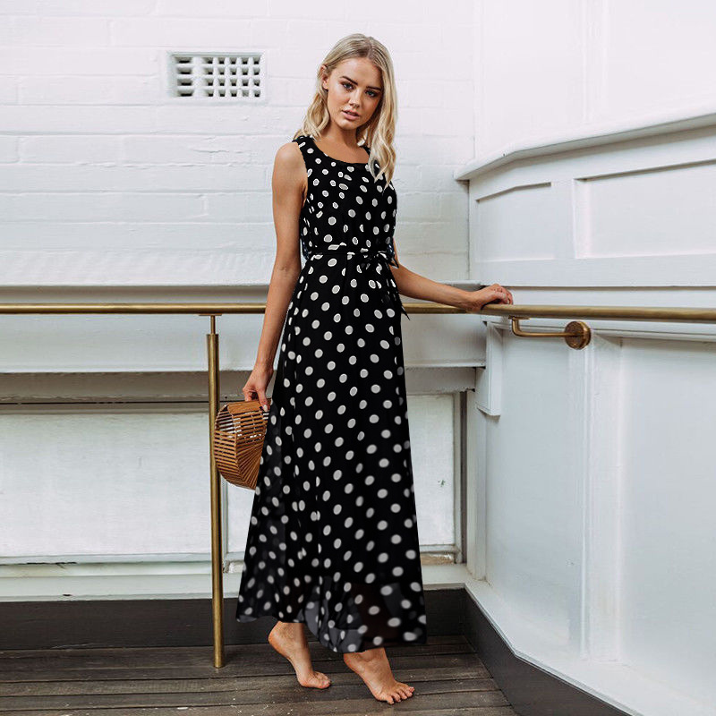 Summer Womens Dress Stylish Polka Dot Design Tie Waist Long Length Perfect for Casual Outings Wholesale Available