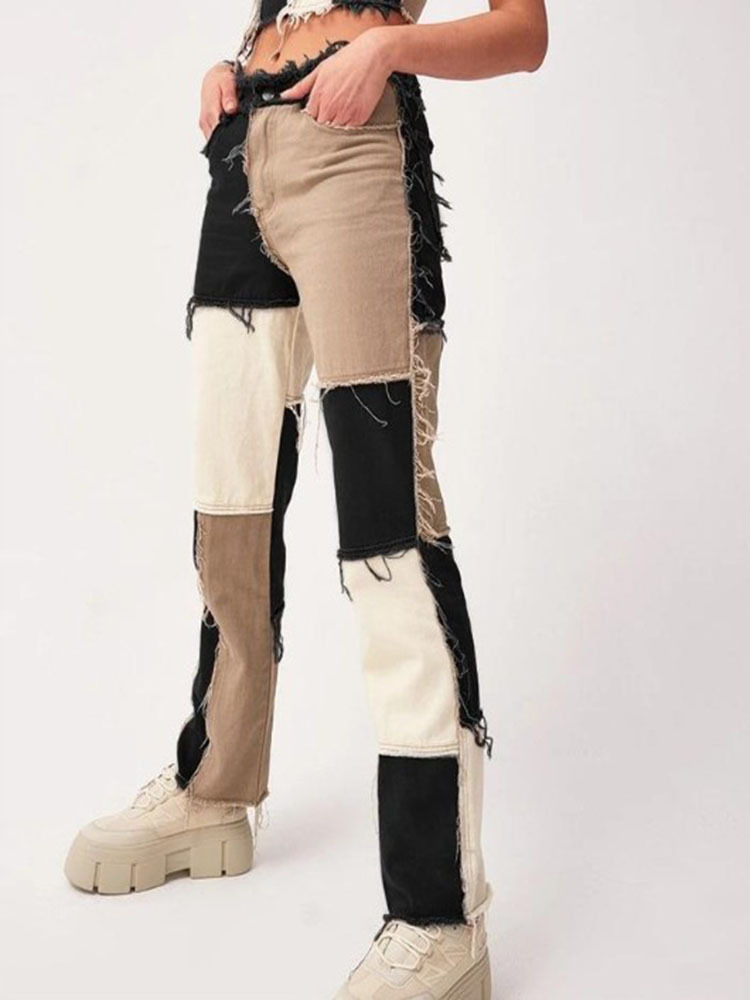 High Waisted Color Block Denim Jeans for Women Stylish Design Comfortable Fit Versatile for Casual Wear Wholesale