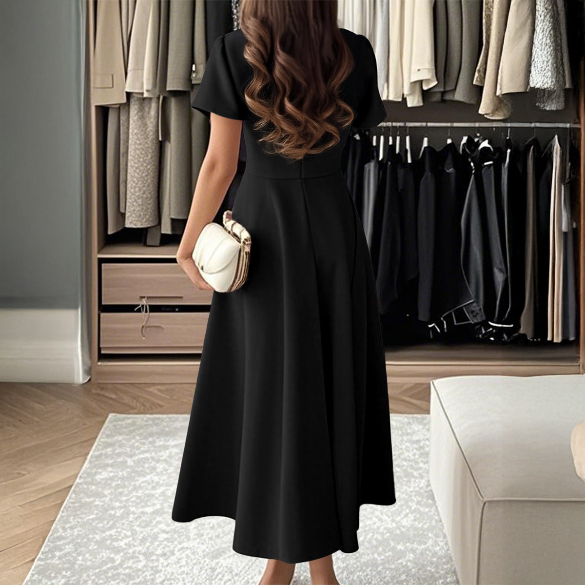 Elegant Short Sleeve Long Dress Evening Gown for Women Autumn Winter