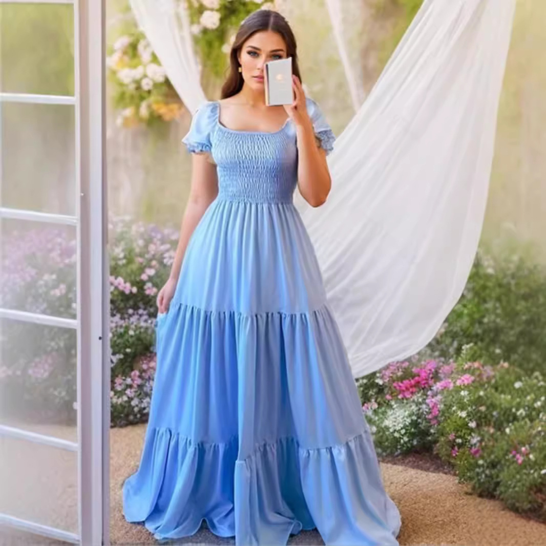 European and American Cross border Hot Selling Commuter Solid Color Square Neck Spliced Long Skirt Dress