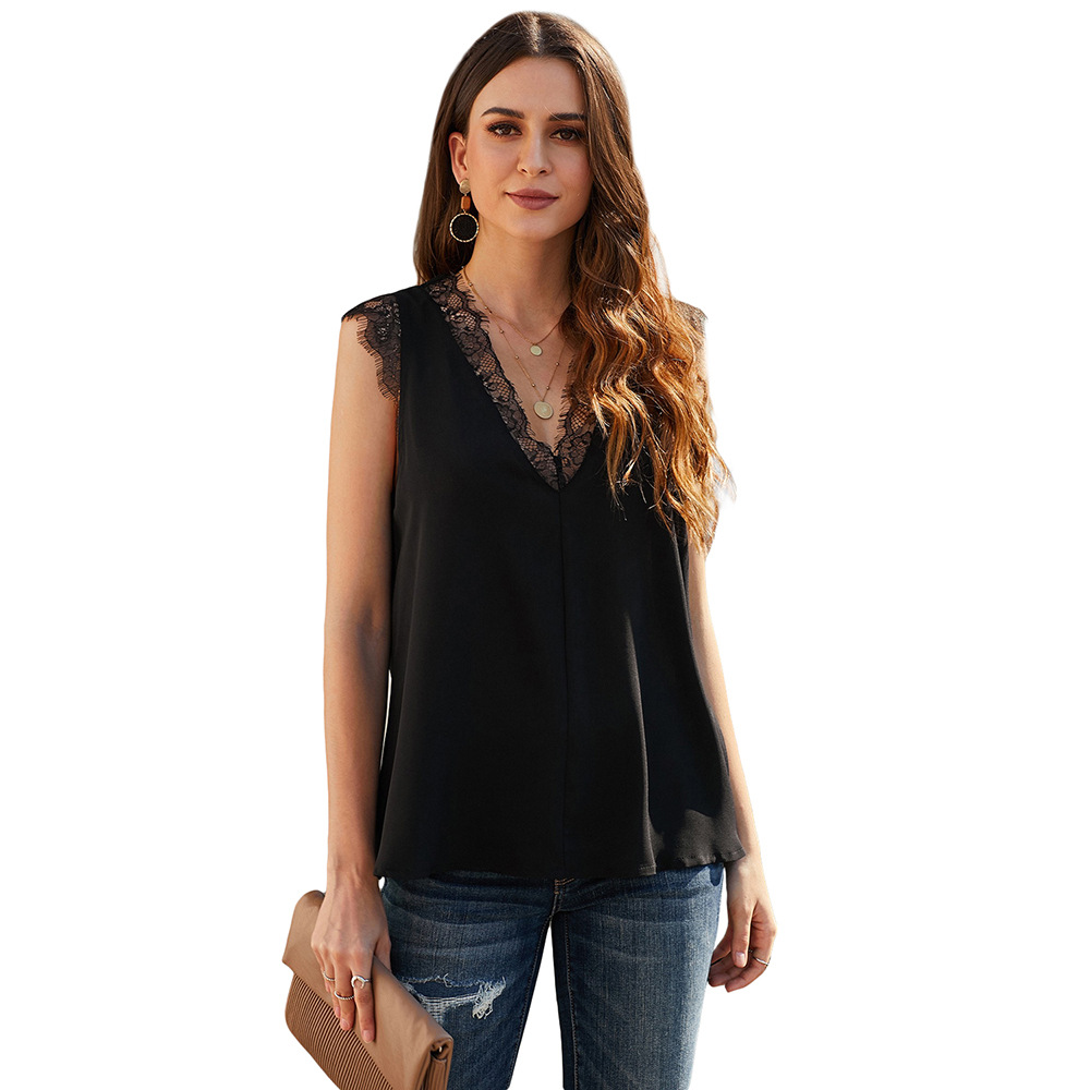 European Style V Neck Short Sleeve Lace Print Reversible Top Loose Fit Solid Color Versatile Wear Wholesale Available