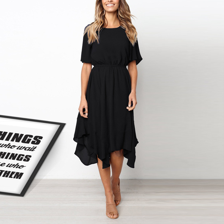 Irregular Waist Short Sleeve Dress Round Neck Casual Style Spring Autumn Fashion Wholesale Available