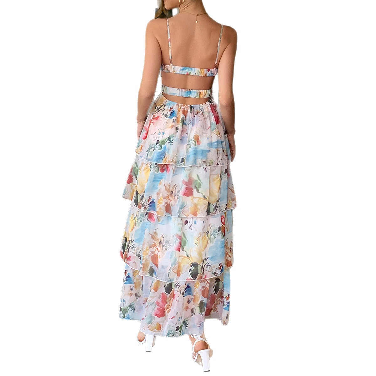 Di Yun European and American leisure vacation style camisole printed cake skirt long dress women's dress spring summer