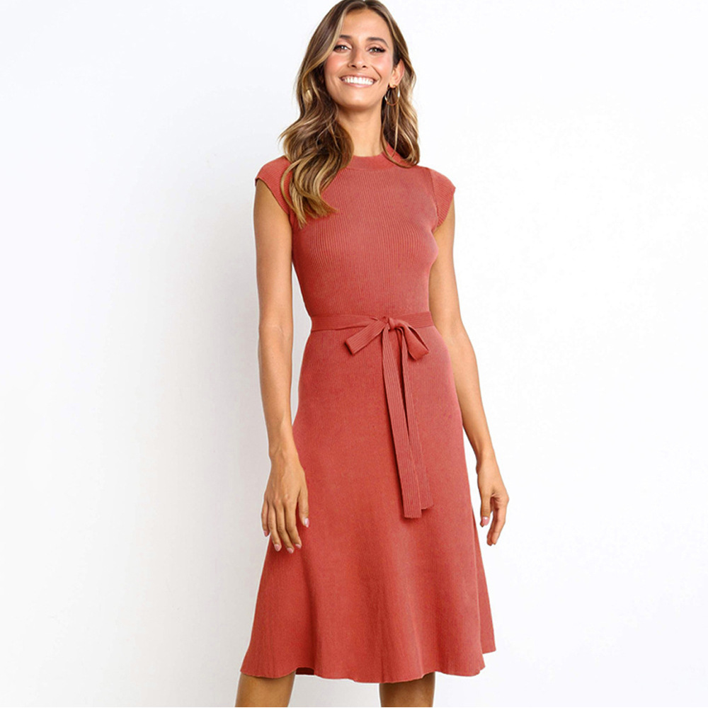 A Line Dress Solid Color High Waist Short Sleeve Round Neck Spring Summer Casual Wear Wholesale Available