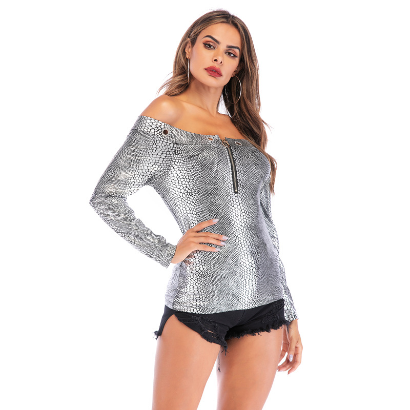 Womens Off Shoulder Zip T Shirt Slim Fit Snake Print Casual Style Perfect for Summer Outings Wholesale Available