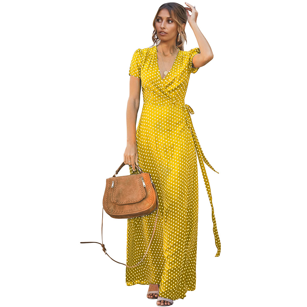 Womens Summer Dress Polka Dot Deep V Neck Short Sleeve Flared Hem Casual or Party Wear Wholesale Available