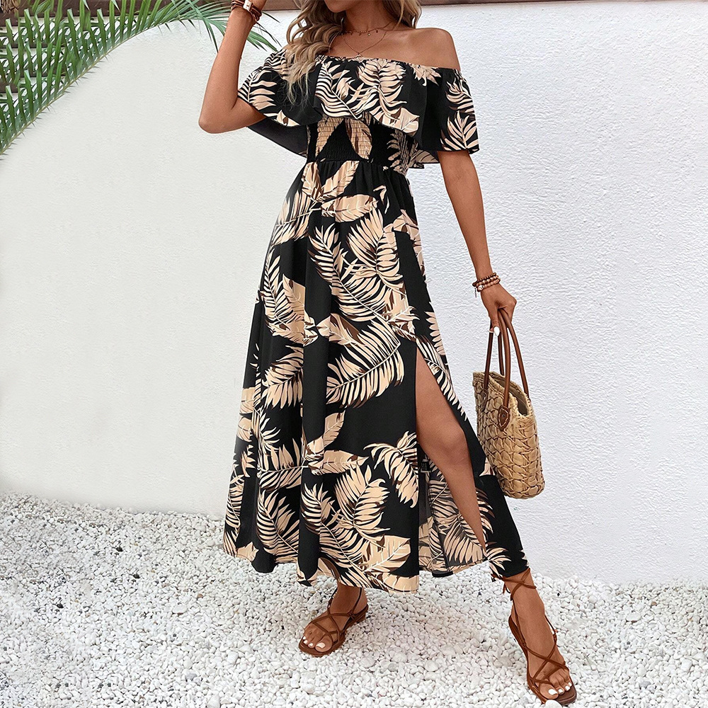 Off Shoulder Short Sleeve Dress Floral Print Mid Length Summer Style Wholesale Availability bulk order