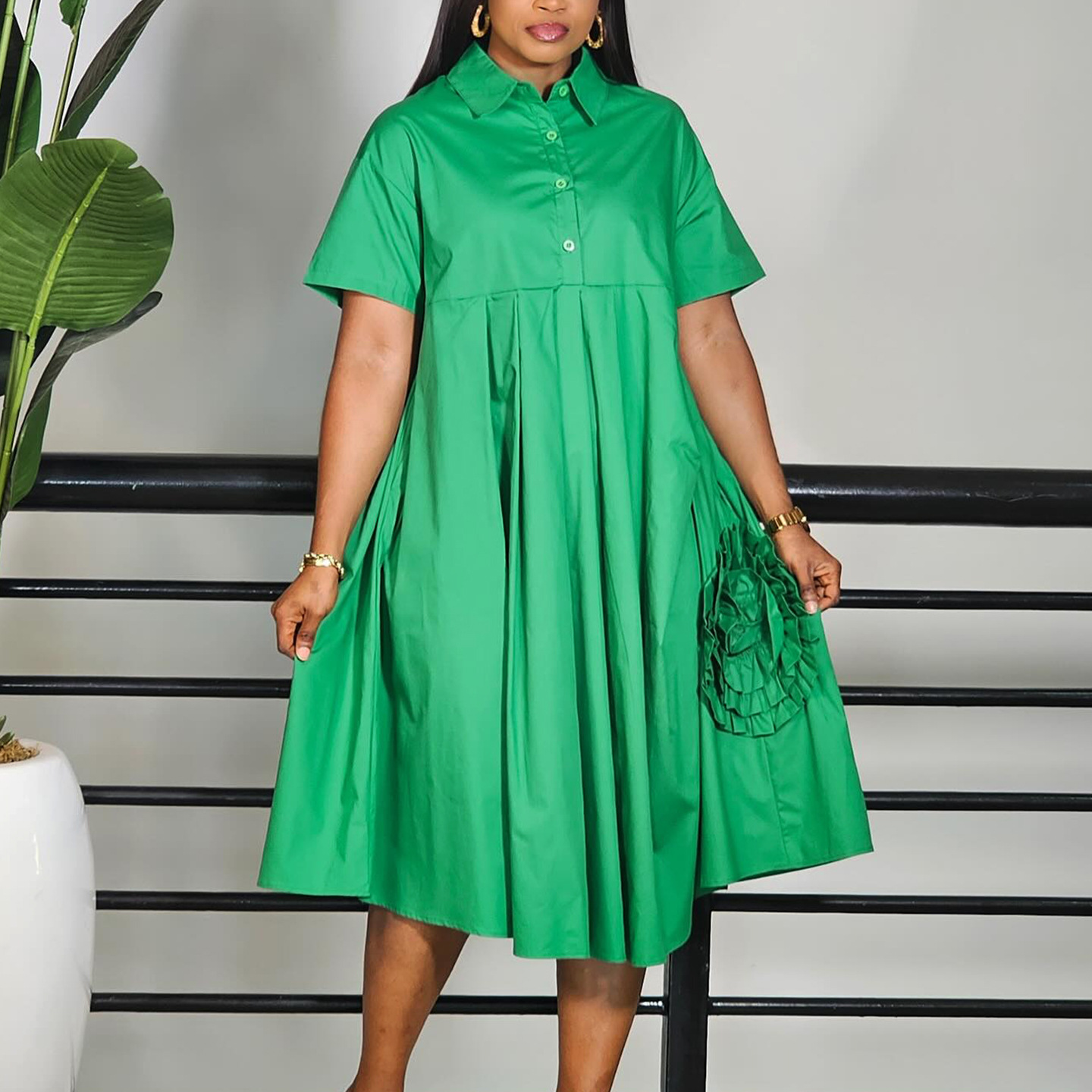 Cross Border Sourcing Women's Fashion Dress, Short Sleeve Solid Color A Line Dress, African Style Shirt Dress for Internationa