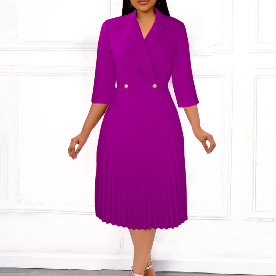 European Market Women's Dress — Elegant Solid Color, Pleated Design, Lapel Collar — Autumn Fashion — Wholesale Supply
