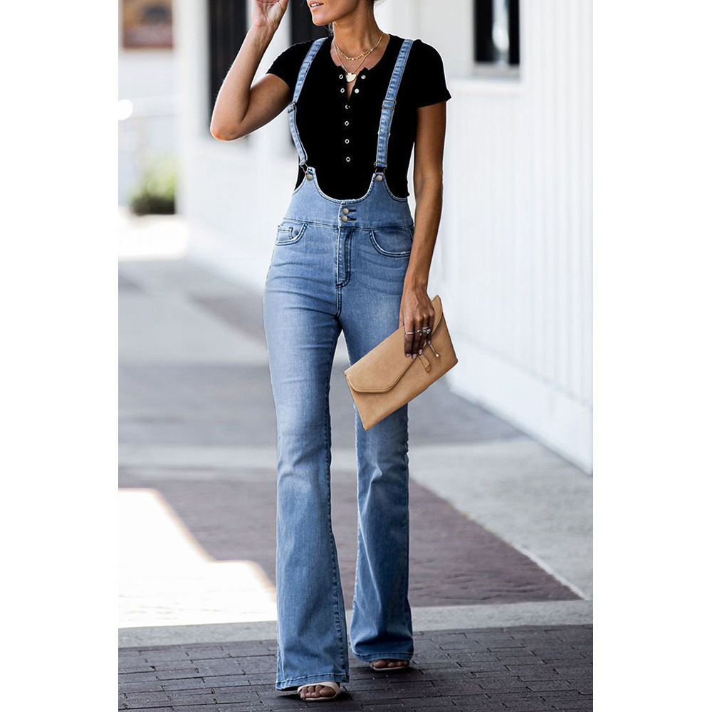 High Waisted Denim Overalls for Women Casual Flared Design Cross Back Straps Autumn Style Wholesale Available