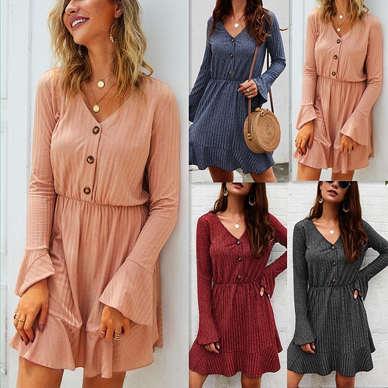 Fashionable Womens Dress Original Design Solid Color Long Sleeve Autumn Winter Collection Wholesale Available