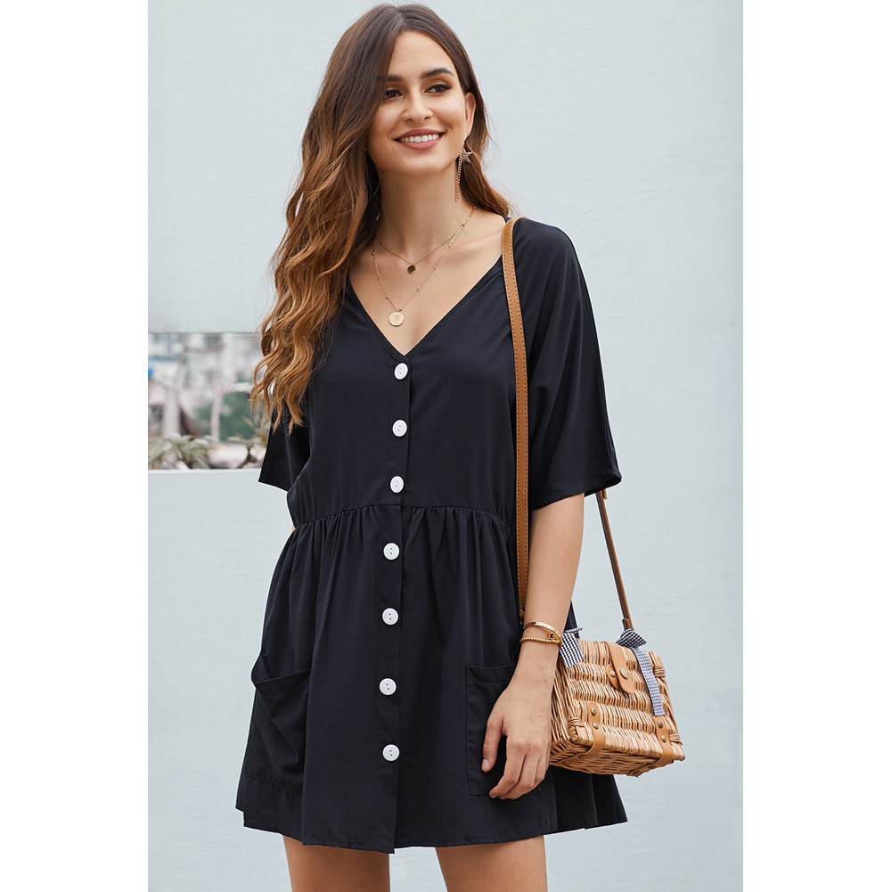 Womens Pleated Knee Length Dress V Neck Button Down Short Sleeve Loose Fit Casual Wear for Spring Summer