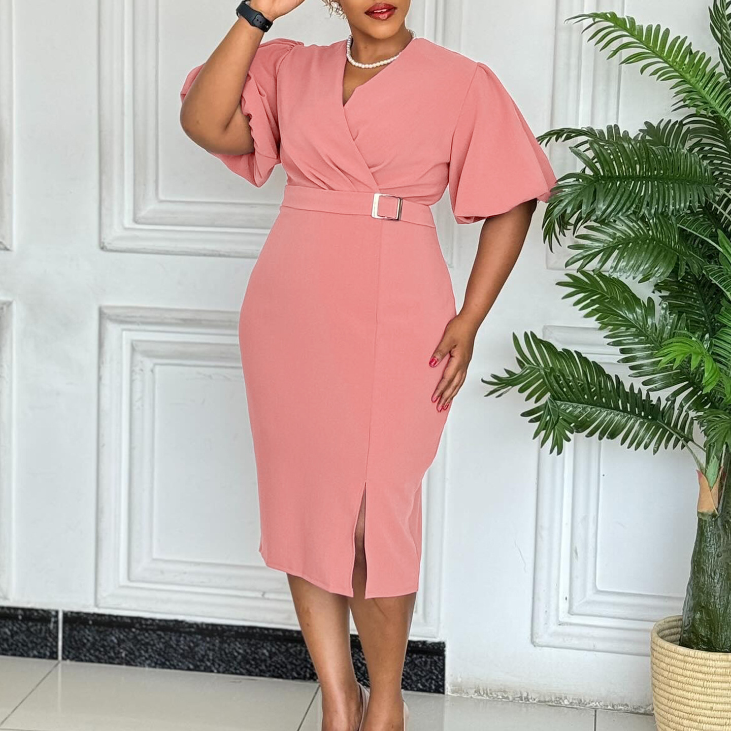 Fashionable V Neck Puff Sleeve Solid Color Bodycon Dress with Waist Tie and Side Slit for Women Trendy African Style Dress