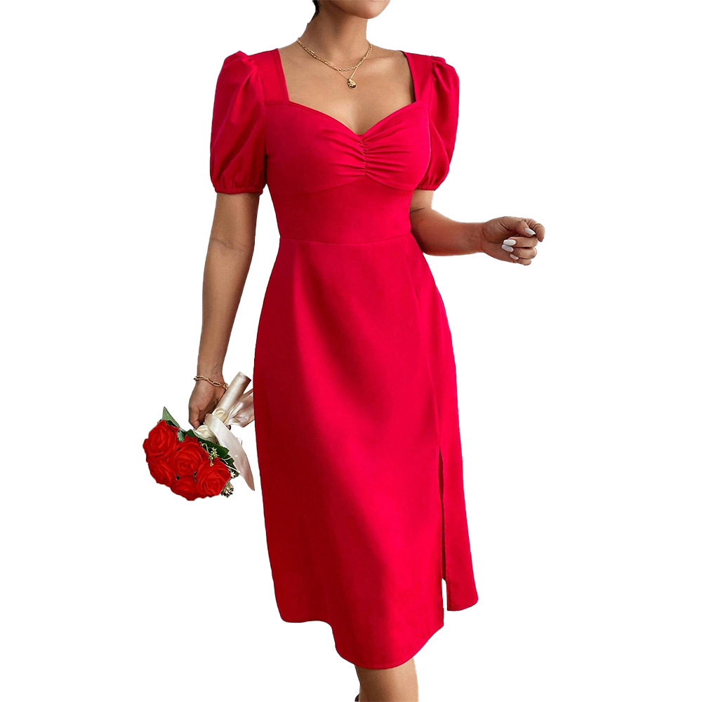 Cross border Women's Fashion European and American Square Collar Pleated Split A line Dress Ins Hot Sale Puff Sleeve Red Dress