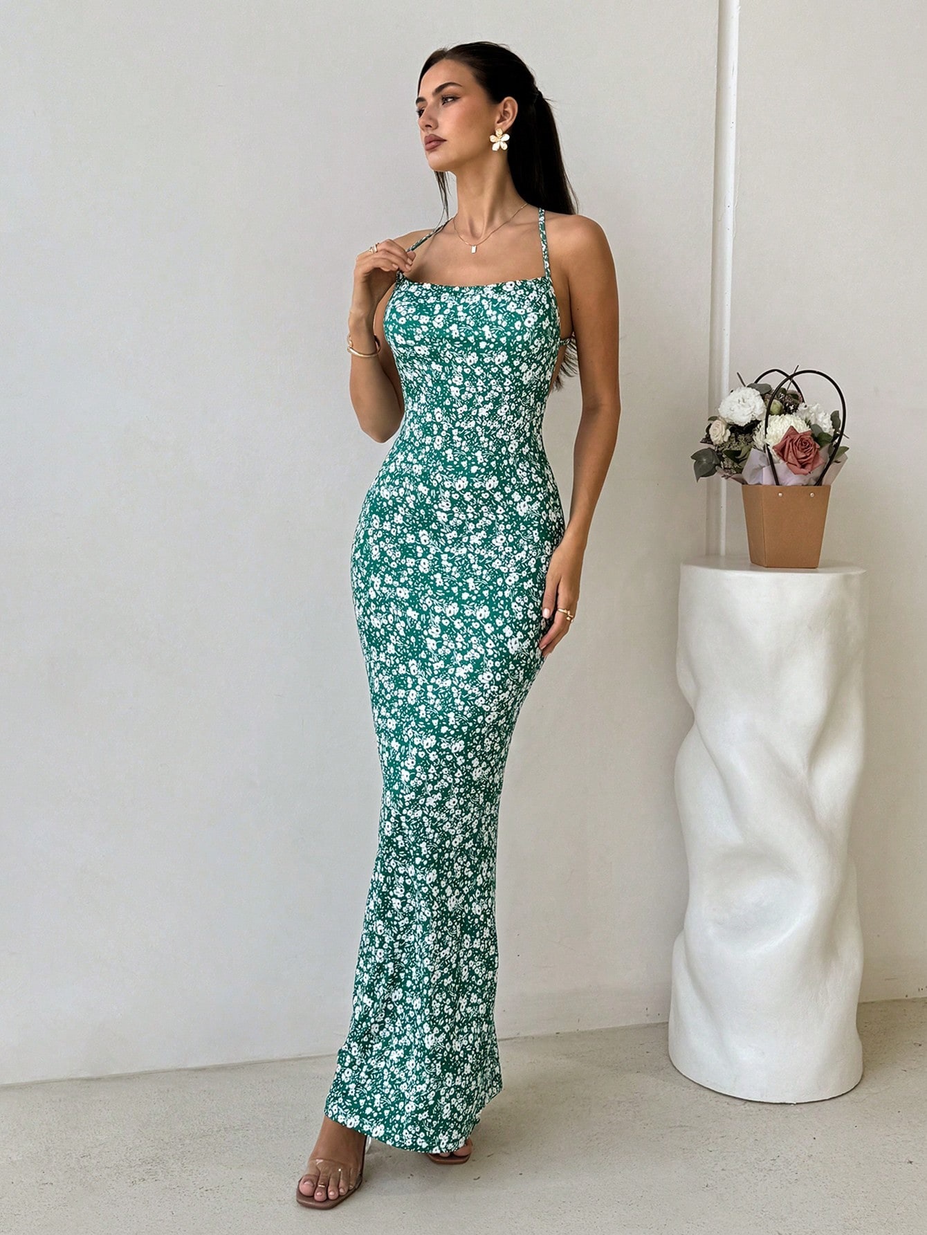 Summer Sexy Backless Mermaid Long Dress Casual Vacation Date Music Festival Floral Spaghetti Strap Dress