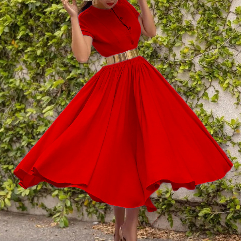 D3134 Waist Belt European and American Foreign Trade Women's Clothing Summer New Short Sleeve Waist Slim Big Skirt Cross Border