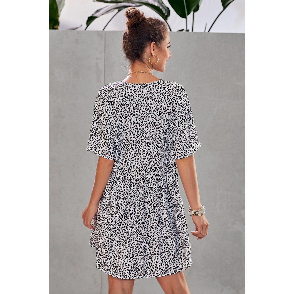 Summer Dress Leopard Print V Neck Loose Fit Short Sleeve A Line Casual Wear Wholesale Available