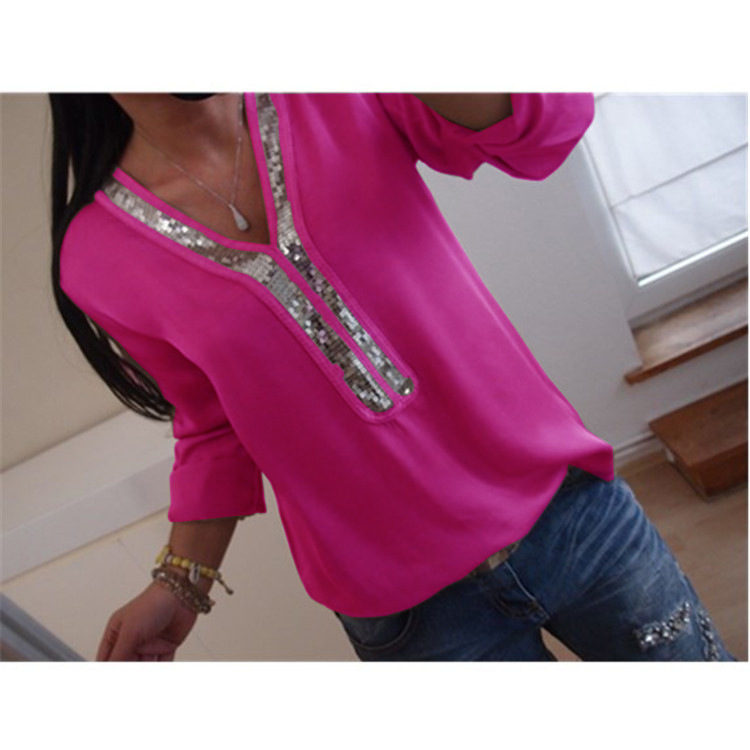 Casual Womens T Shirt Solid Color V Neck Sequin Detail Long Sleeve Plus Size Everyday Wear Wholesale Available