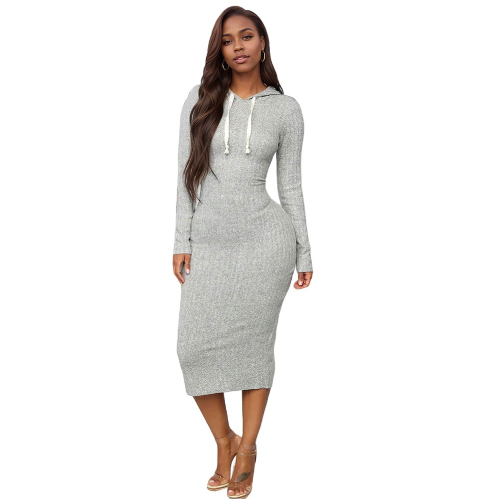 Cross border European and American Women's Hooded Sweatshirt Dress Autumn Winter High Waist Fashion Casual Slim Fit Bodycon Long