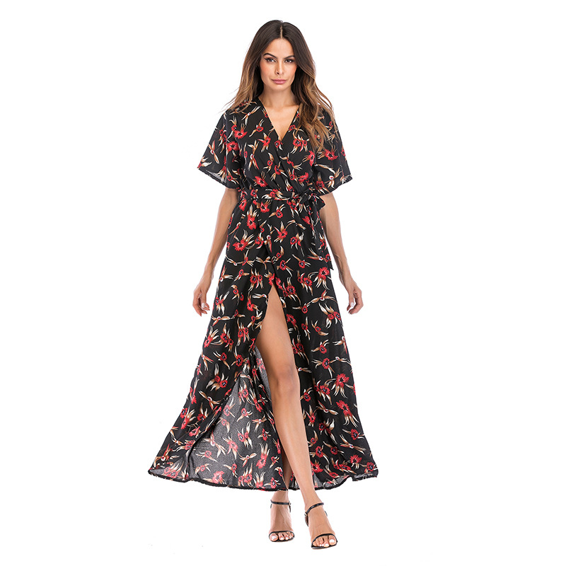 Floral Print Dress V Neck Short Sleeve Side Slit Summer Beach Vacation Wear Wholesale Available