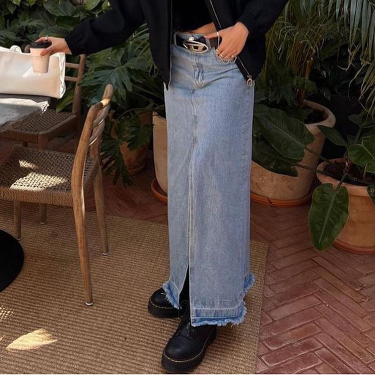 Vintage High Waisted Denim Maxi Skirt Slim Fit Split Design Long Length Autumn Fashion for Women Wholesale Available