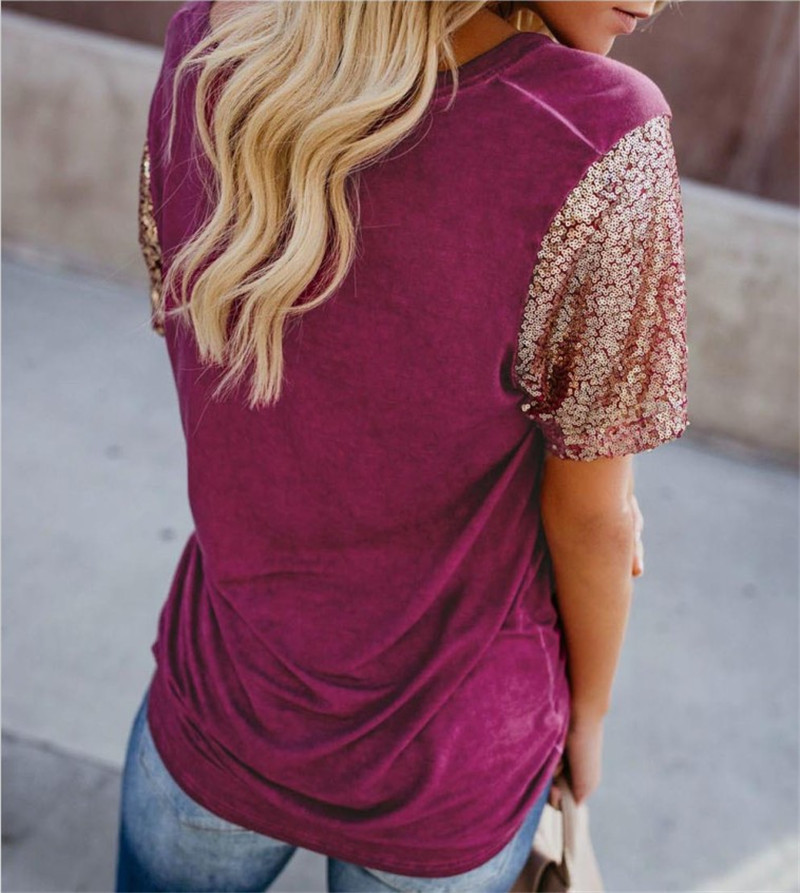 Womens Casual V Neck Short Sleeve T Shirt Sequin Patchwork Design Summer Fashion Wholesale Available