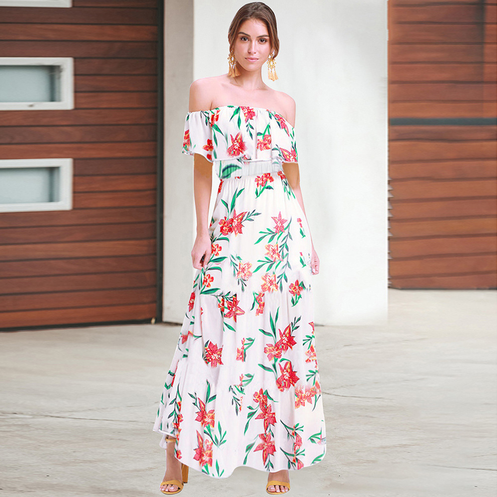 A Line Dress Short Sleeve Floral Print Off Shoulder Spring Summer Fashion for Women Wholesale Available