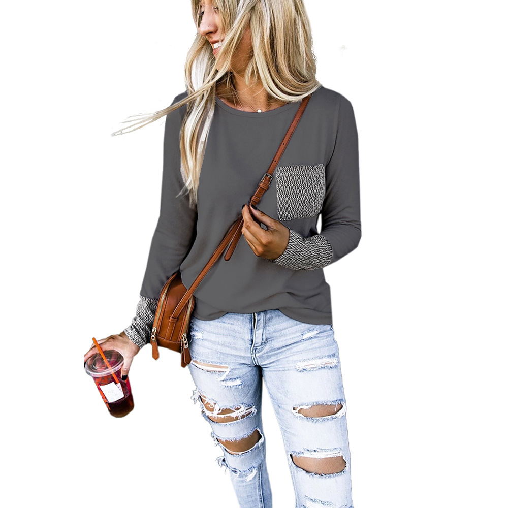 Womens Color Block Long Sleeve T Shirt Slim Fit Round Neck Autumn Winter Style Wholesale Available