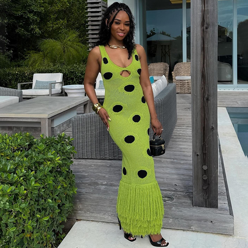 New Cross border European and American Women's Fashion Eye catching Sexy Sleeveless Polka Dot Printed Hollow Slim Dress