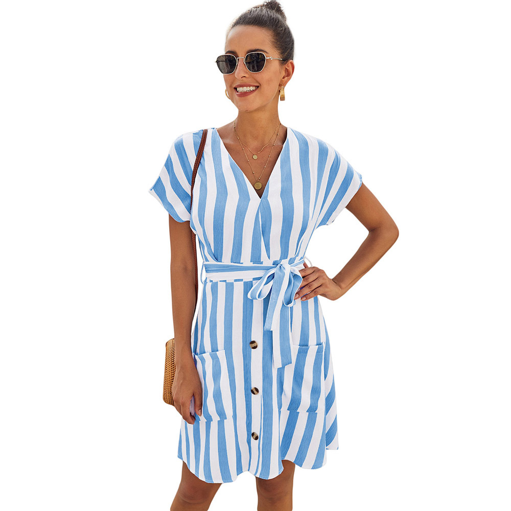 Striped Shirt Dress for Women Summer V Neck Button Up Waist Tie Loose Fit Casual Wear Wholesale Available