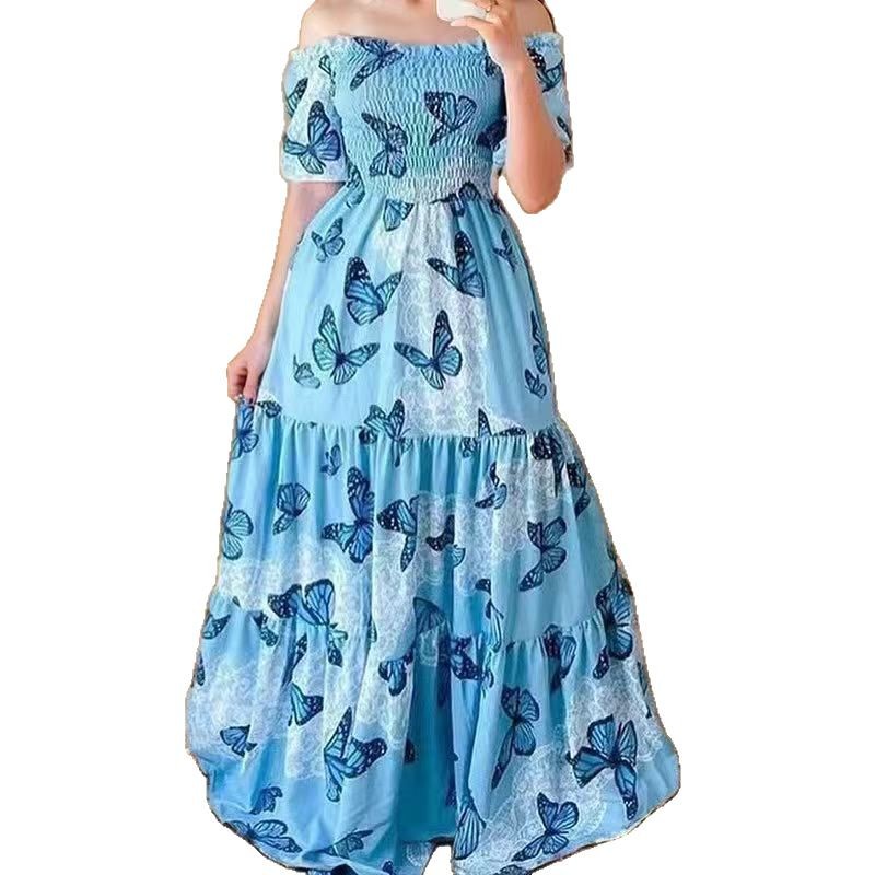 New Spring Summer European and American Foreign Trade Women's Dress One Shoulder Floral Dress Fashion Off Shoulder Long Dress