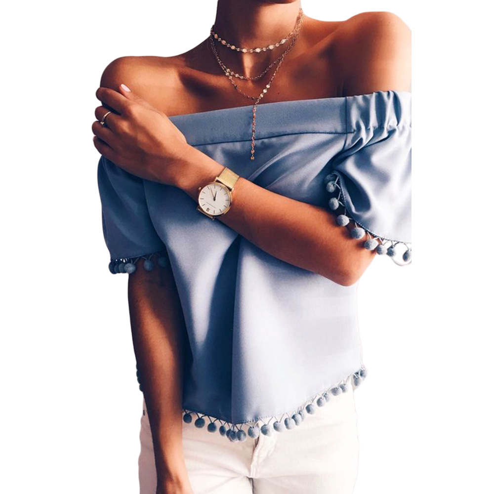 Womens Summer Top Short Sleeve Off Shoulder Fringe Detail Solid Color Casual Wear Wholesale Available