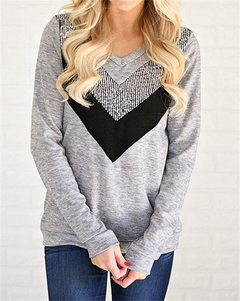 Womens Autumn Winter Long Sleeve T Shirt Sequin Patchwork Comfortable Fabric Stylish Design Casual Wear Wholesale