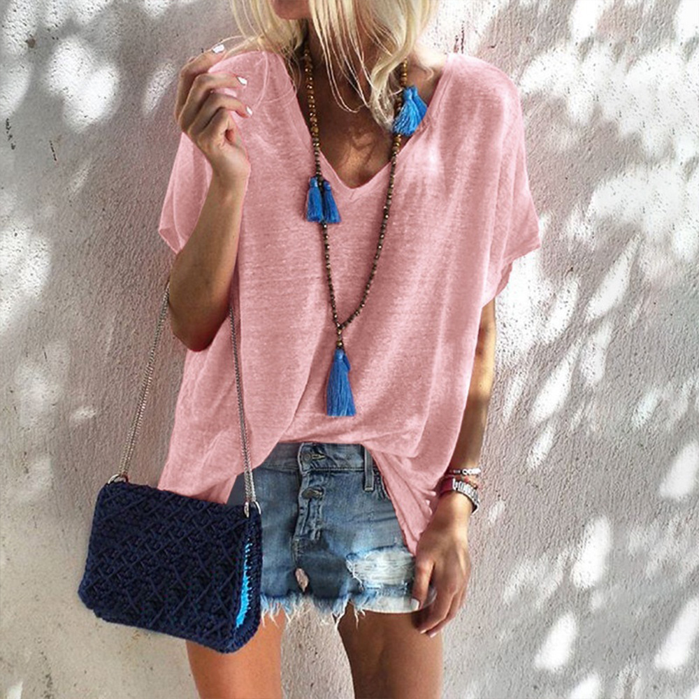 Plus Size Loose Fit V Neck Short Sleeve T Shirt for Women Summer Candy Colors Casual Wear Ready to Ship